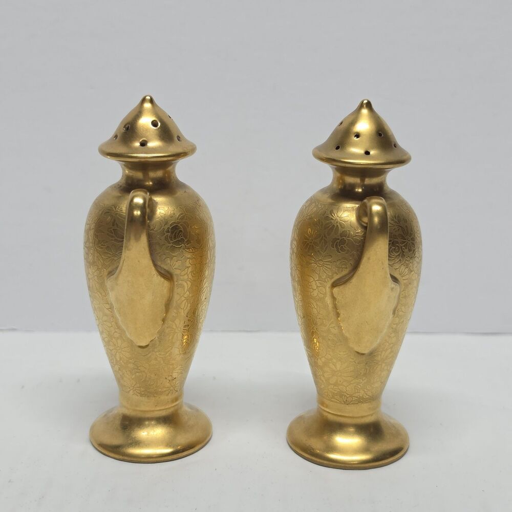 Vintage 50s Stouffer 24 Kt Gold Plated Salt/Pepper Shaker ROSE DAISY w Handles - Picture 4 of 9
